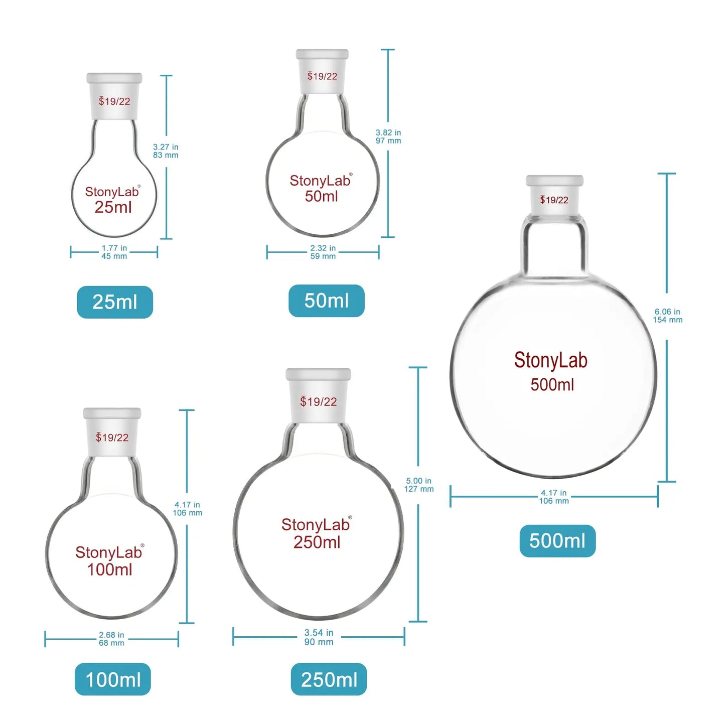 1 Neck Round Bottom Flask, 19/22 Joint, 25-500 ml Flasks-Round Bottom