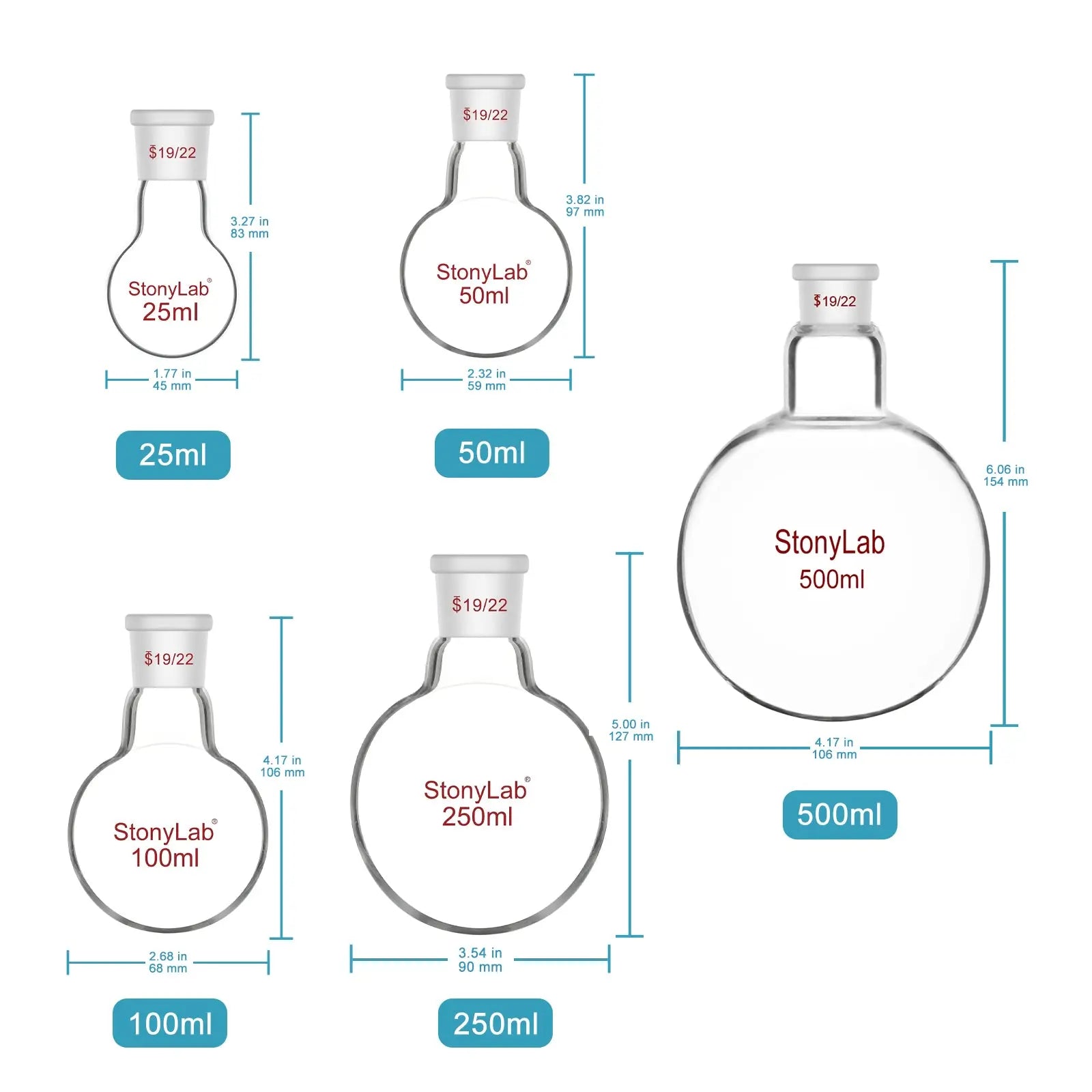 1 Neck Round Bottom Flask, 19/22 Joint, 25-500 ml Flasks-Round Bottom