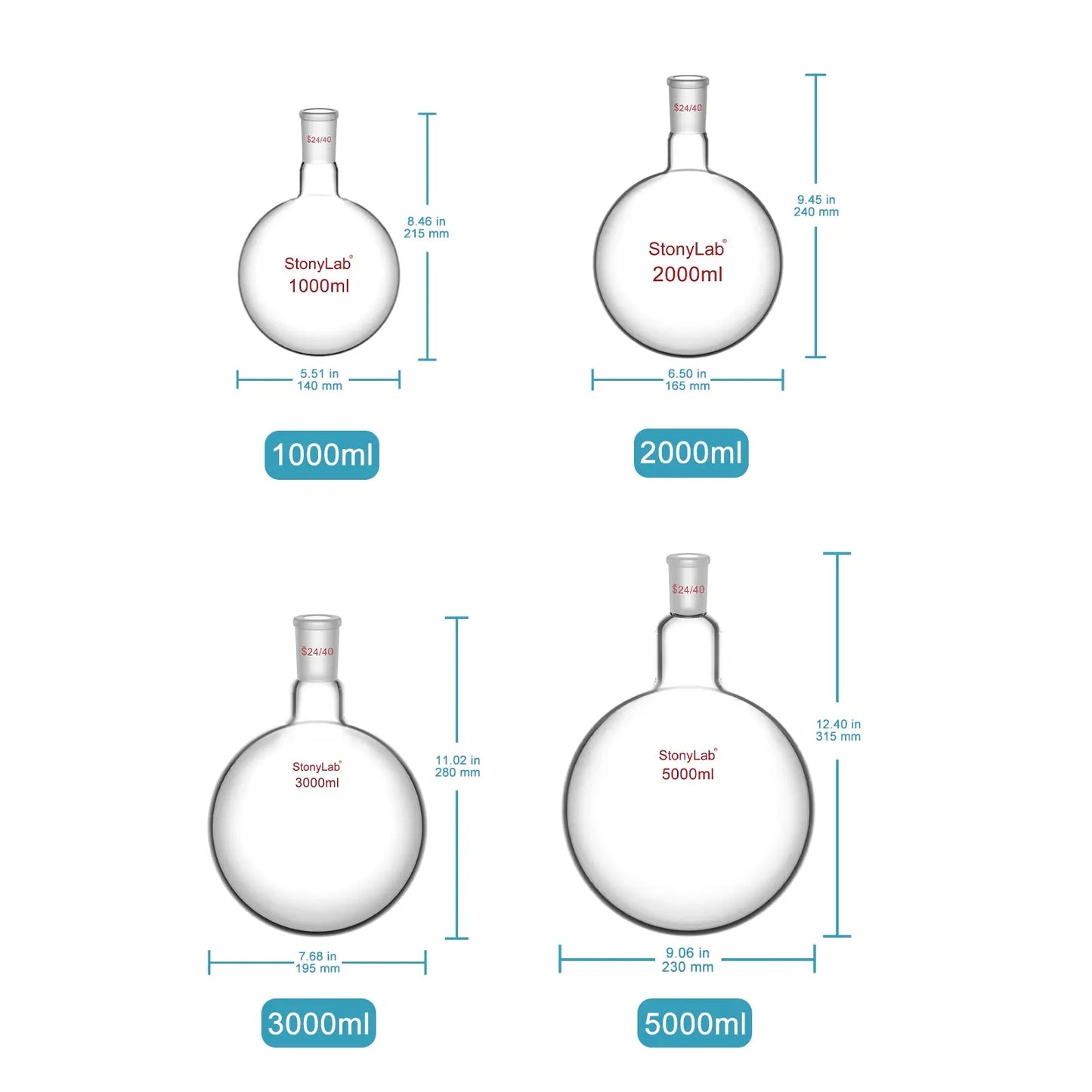 1 Neck Round Bottom Flask, 24/40 Joint, 25-5000 ml Flasks-Round Bottom