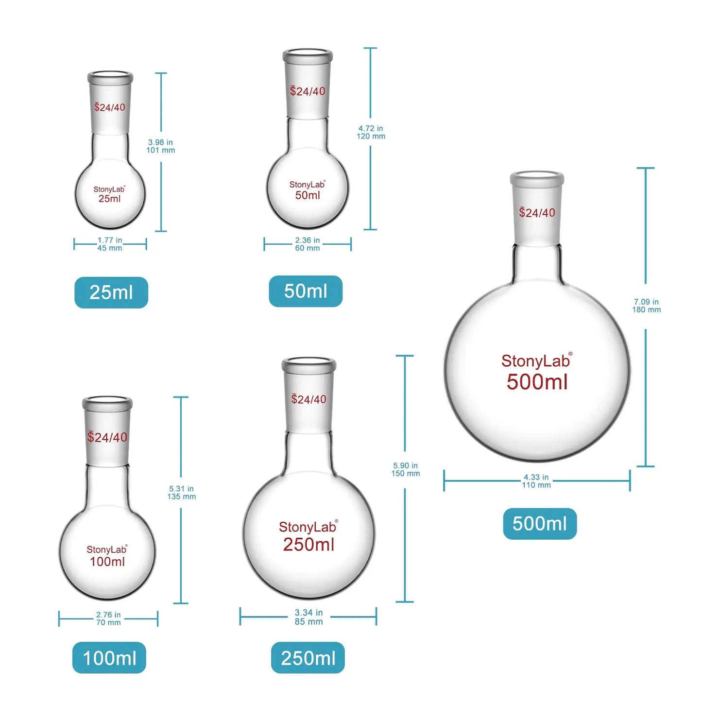 1 Neck Round Bottom Flask, 24/40 Joint, 25-5000 ml Flasks-Round Bottom-1 Neck