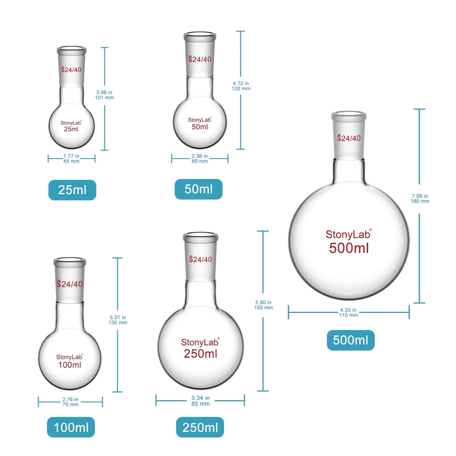 1 Neck Round Bottom Flask, 24/40 Joint, 25-5000 ml Flasks-Round Bottom-1 Neck