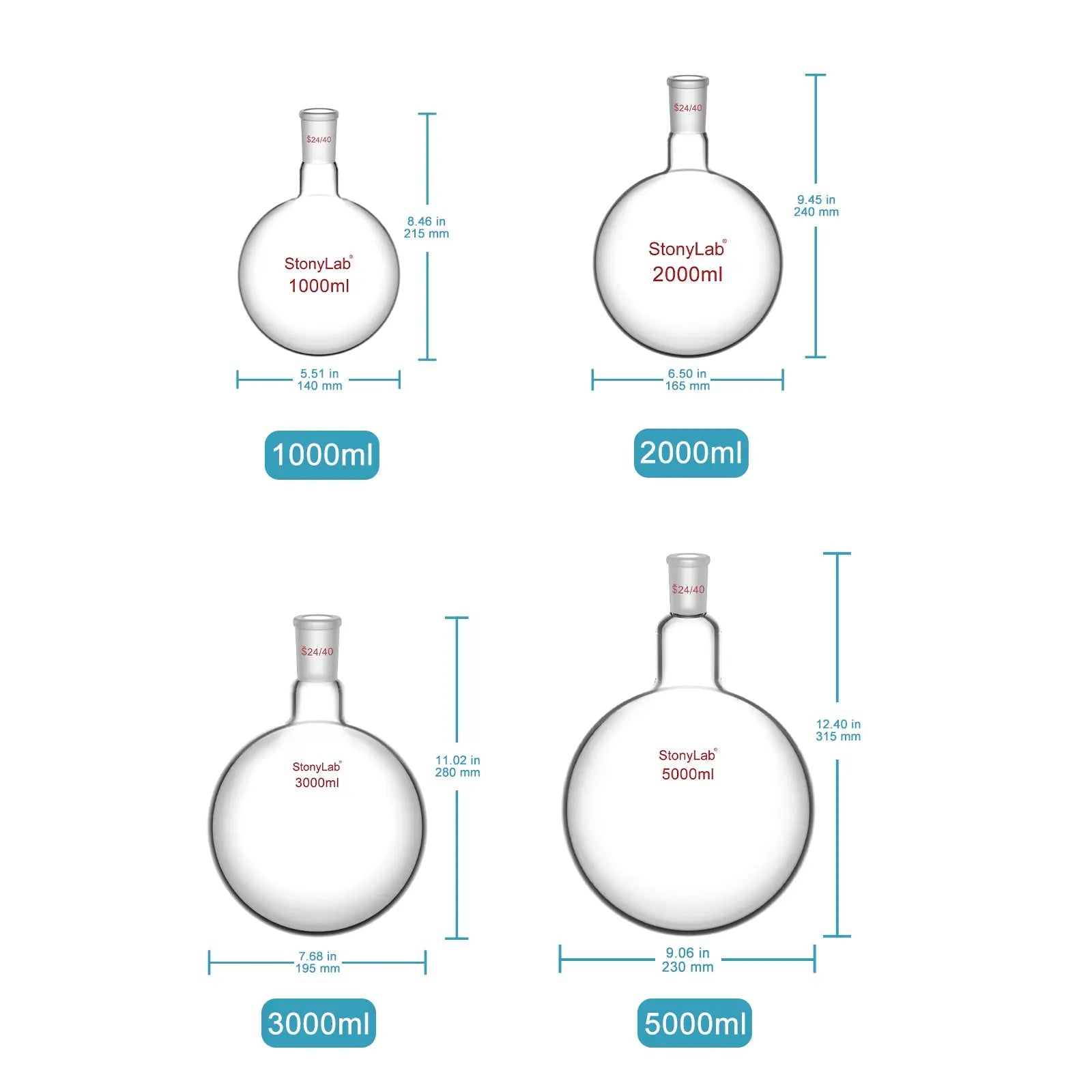 Side view and dimensional layout of the durable StonyLab 1 Neck Round Bottom Flask