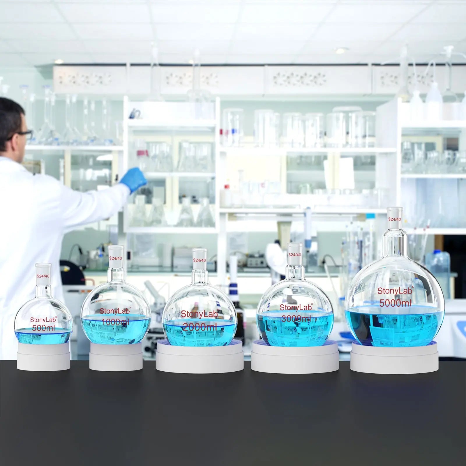 Comprehensive product view and setup components for StonyLab 1 Neck Round Bottom Flask