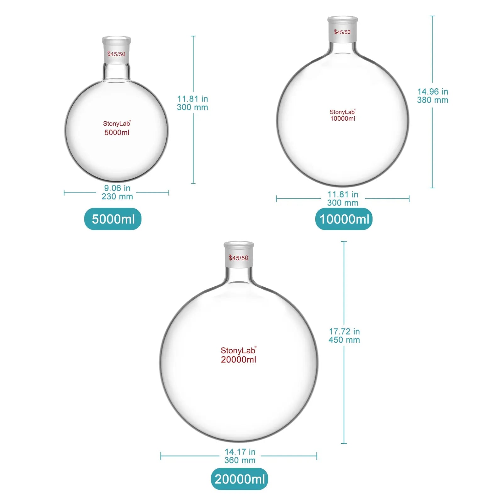 1-Neck Round Bottom Flask, 45/50 Joints, 5-20 L Flasks-Round Bottom-1 Neck