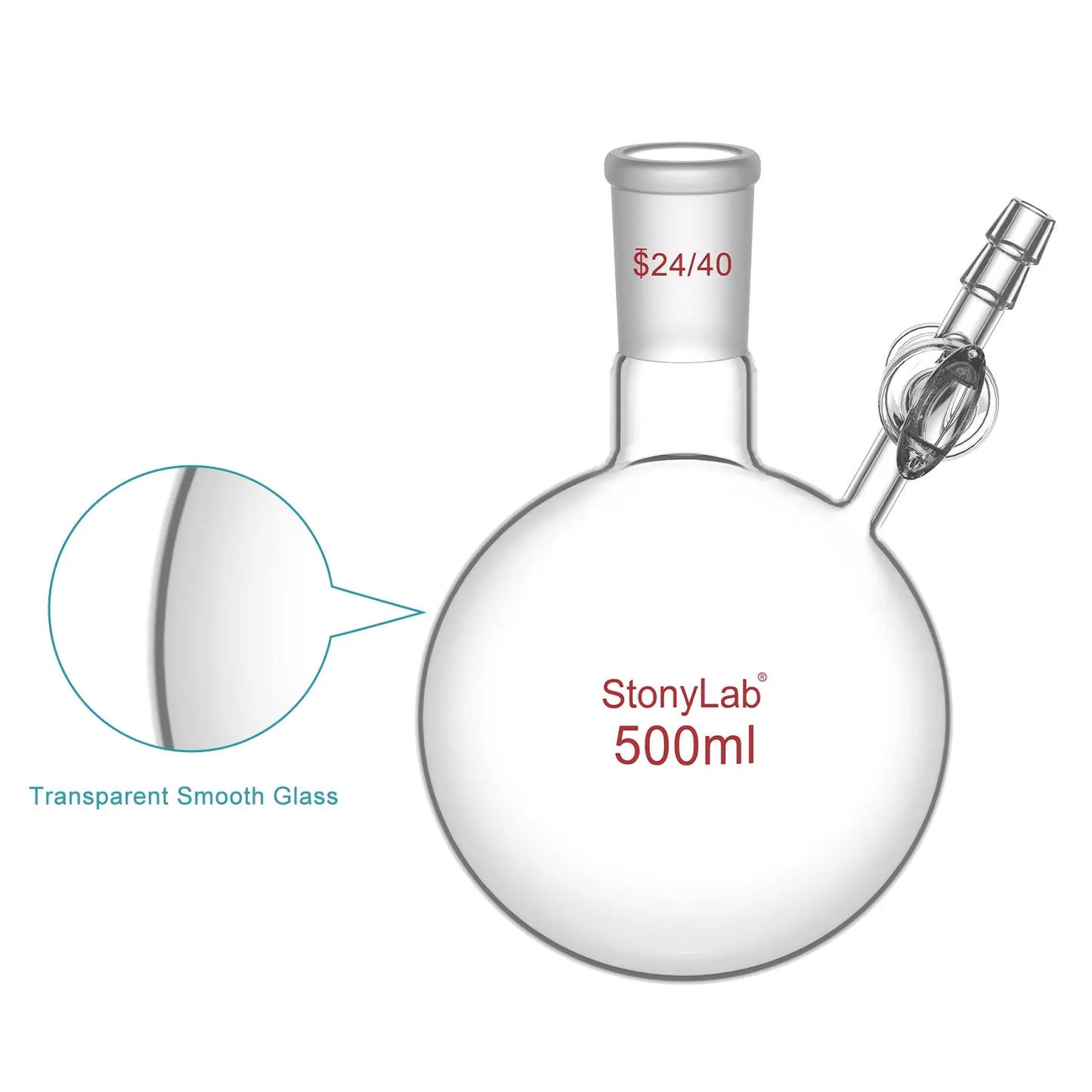 1 Neck Round Bottom Reaction Flask, 24/40 Joint, Glass Stopcock Valve, 50-1000 ml Flasks-Round Bottom-1 Neck