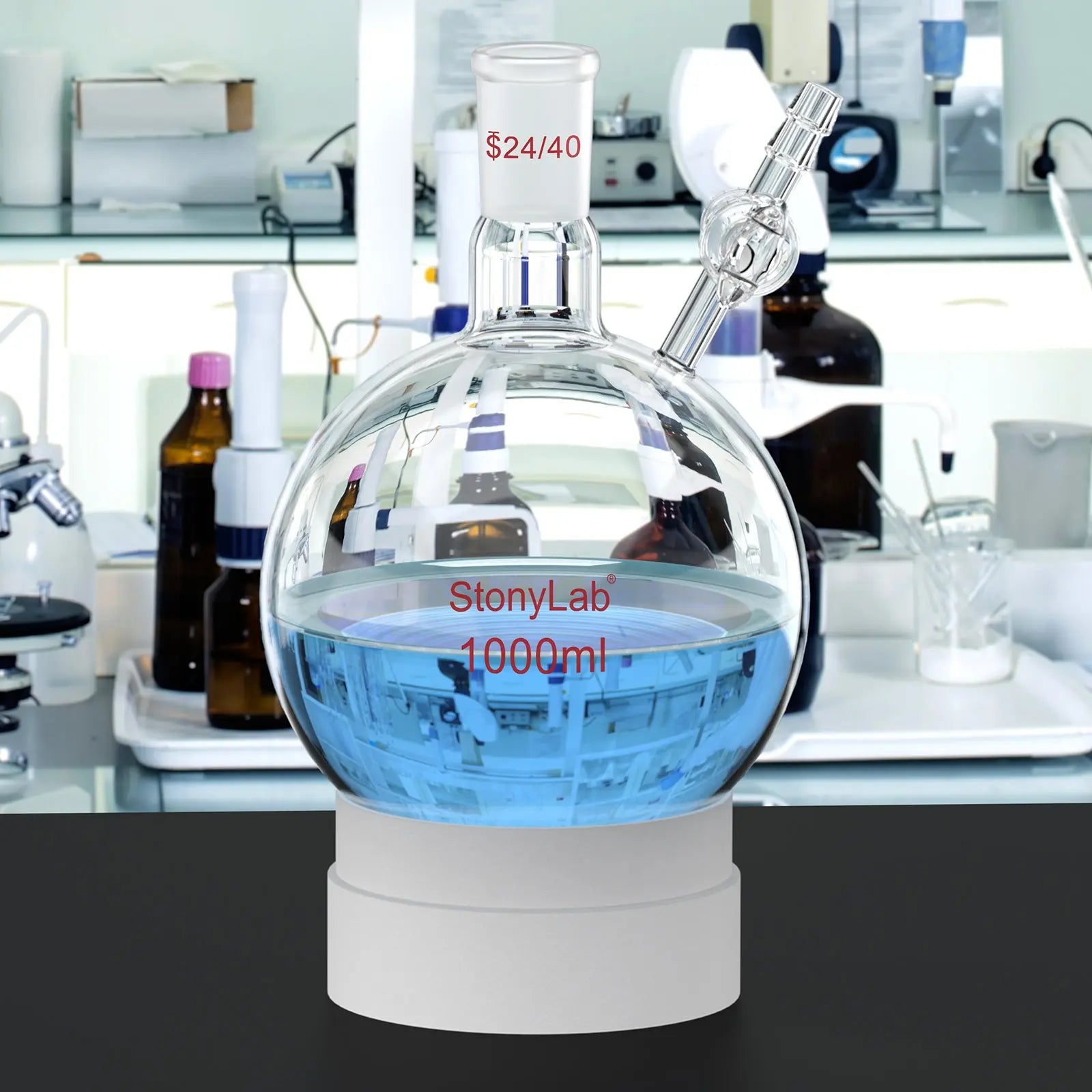 Comprehensive product view and setup components for StonyLab 1 Neck Round Bottom Reaction Flask