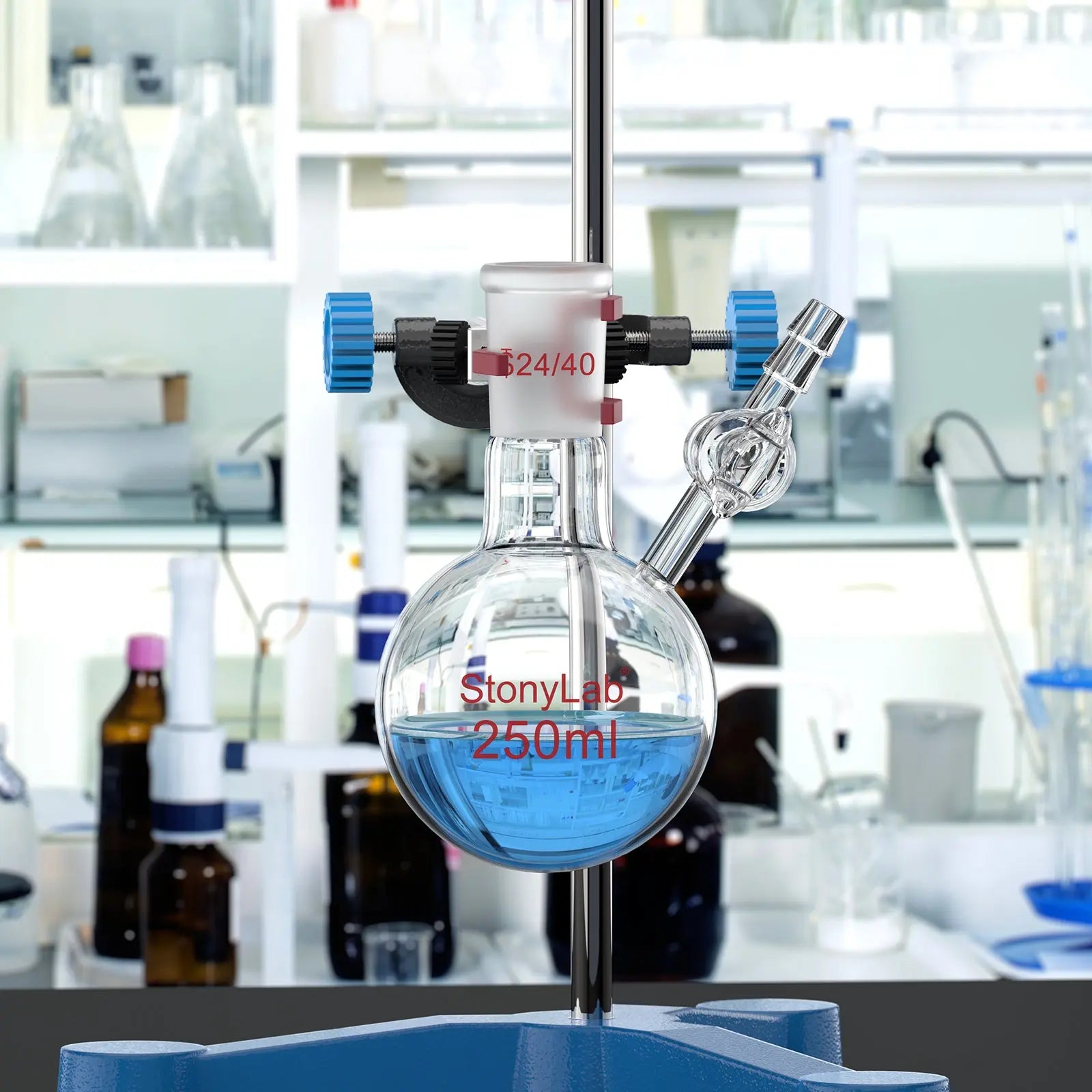 Comprehensive product view and setup components for StonyLab 1 Neck Round Bottom Reaction Flask
