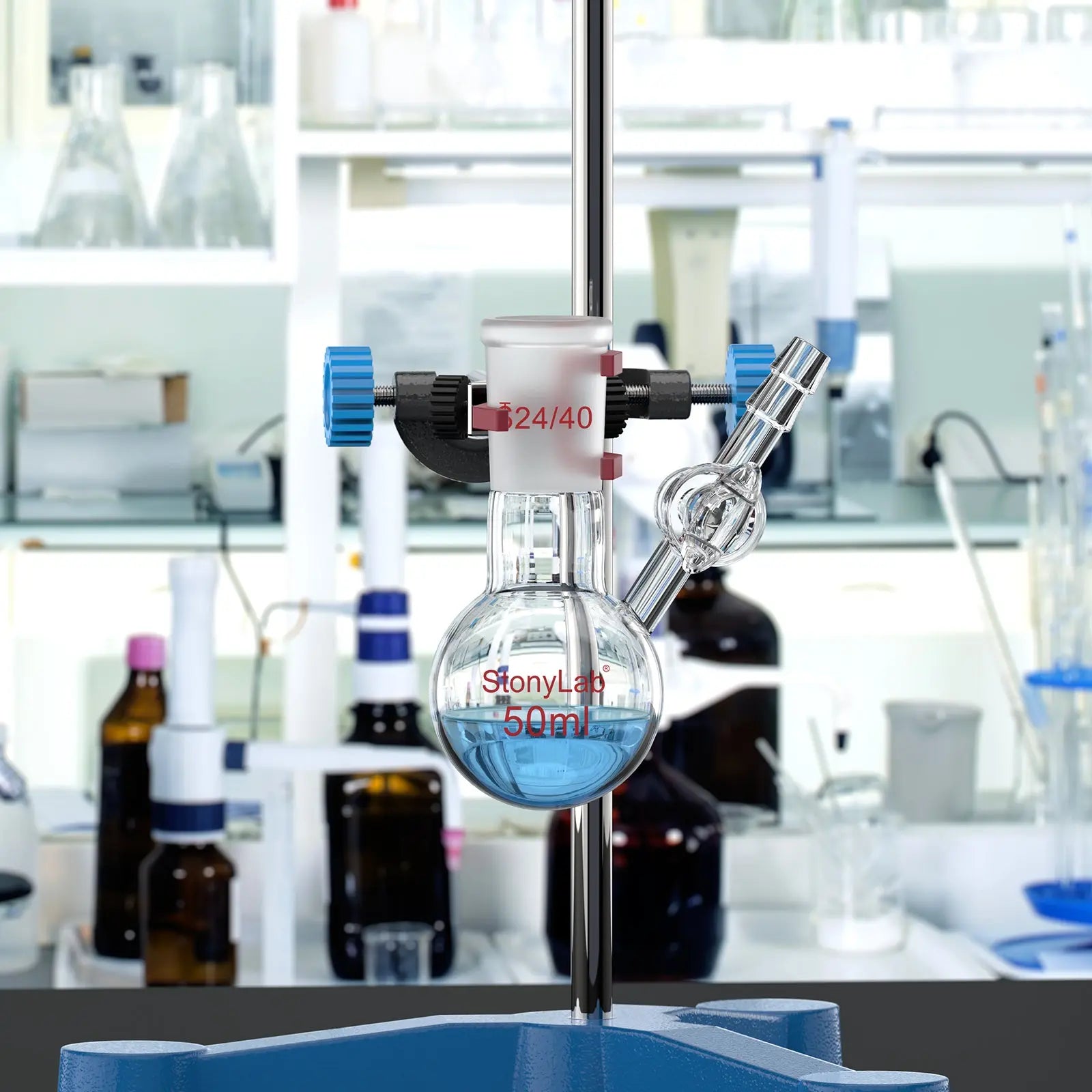 Comprehensive product view and setup components for StonyLab 1 Neck Round Bottom Reaction Flask