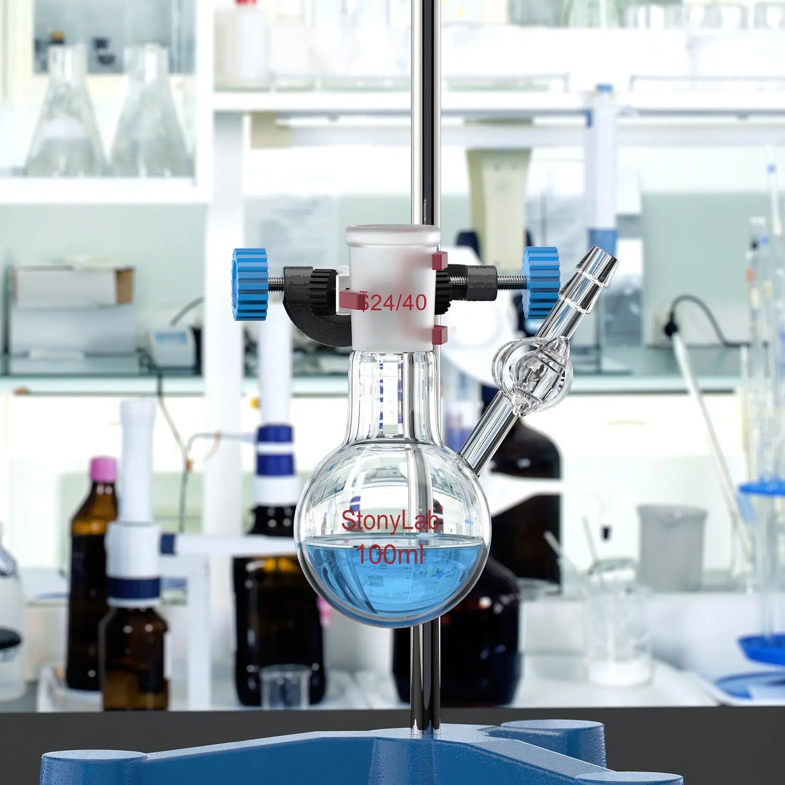 Comprehensive product view and setup components for StonyLab 1 Neck Round Bottom Reaction Flask