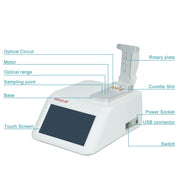 Side view and dimensional layout of the durable StonyLab Micro-Volume Spectrophotometer