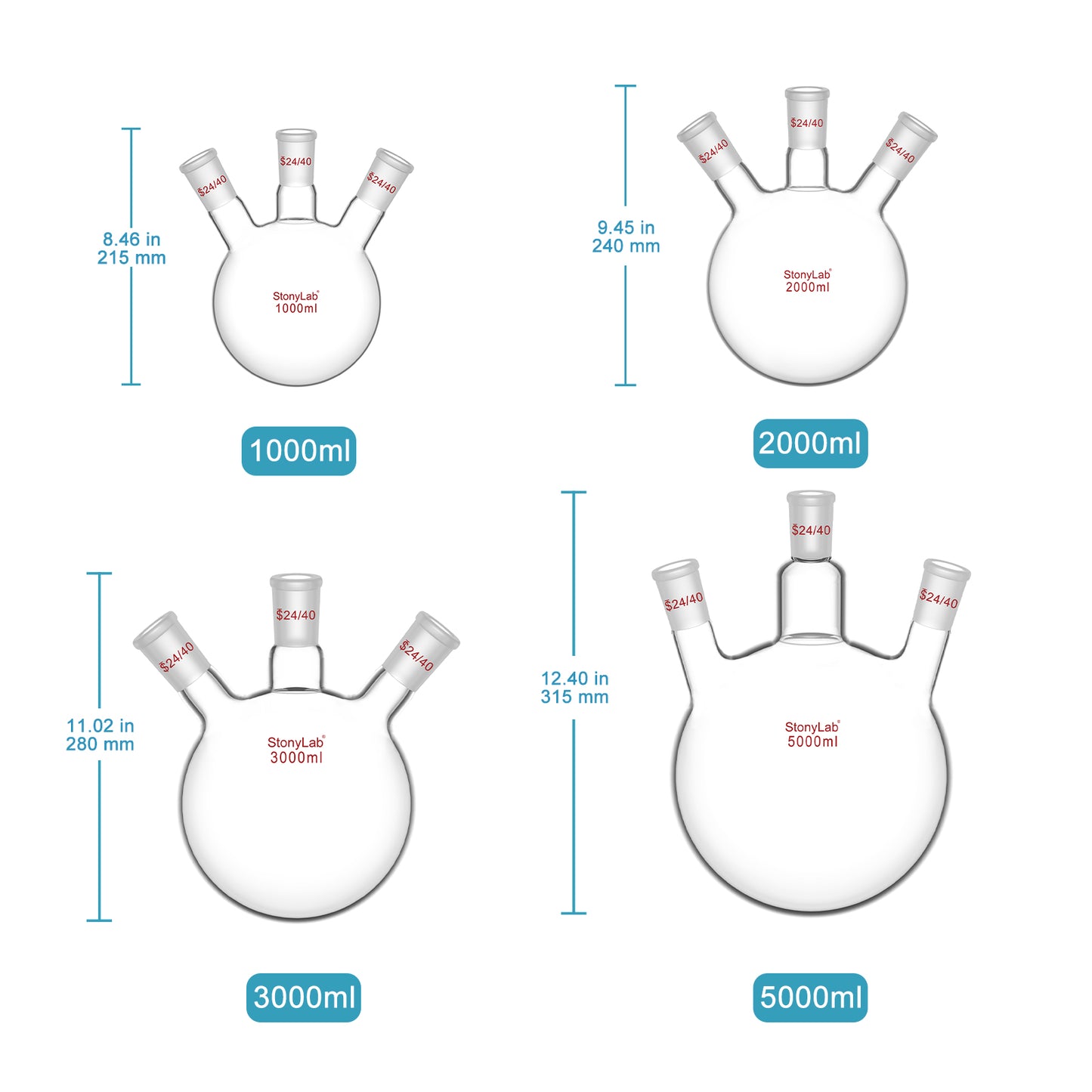 3 Neck Round Bottom Flask, 24/40 Joints, 50-5000 ml