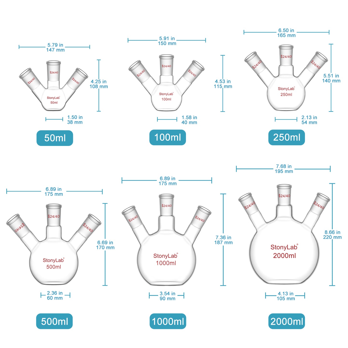 3-Neck Flat Bottom Flask, 24/40 Joint, 50-2000 ml