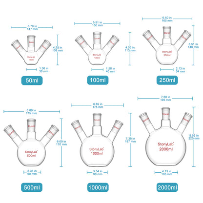 3-Neck Flat Bottom Flask, 24/40 Joint, 50-2000 ml