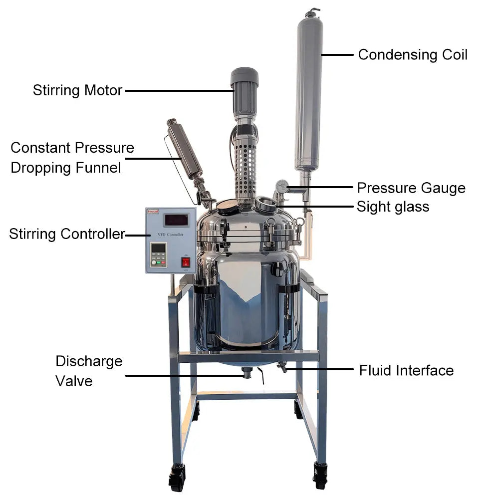 100 L jacketed 316L stainless steel reactor with mechanical stirrer and shell-and-tube condenser for laboratory chemical synthesis StonyLab