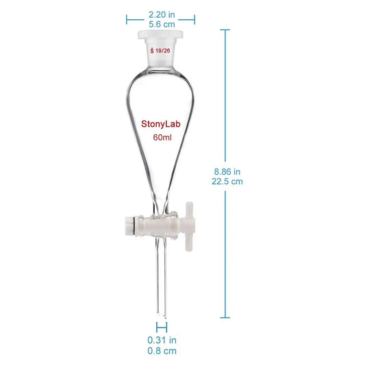 Conical Separatory Funnel with 19/26 Joints and PTFE Stopcock, 60/125 ml - StonyLab Funnels - Separatory 