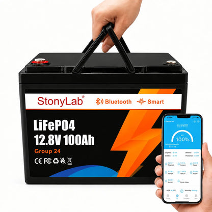 12 V LiFePO4 battery with Bluetooth app monitoring, 100 Ah 200 Ah 300 Ah 400 Ah 460 Ah and 600 Ah capacities for energy storage StonyLab