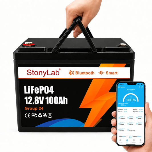 12 V LiFePO4 battery with Bluetooth app monitoring, 100 Ah 200 Ah 300 Ah 400 Ah 460 Ah and 600 Ah capacities for energy storage StonyLab