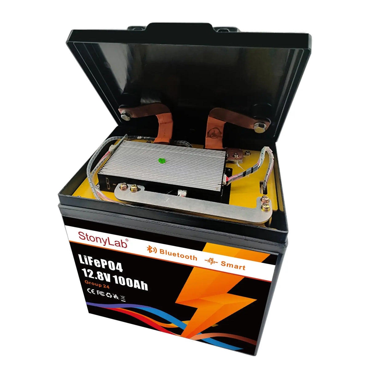 12 V LiFePO4 battery with Bluetooth app monitoring, 100 Ah 200 Ah 300 Ah 400 Ah 460 Ah and 600 Ah capacities for energy storage StonyLab