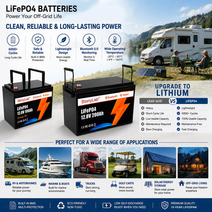 12 V LiFePO4 battery with Bluetooth app monitoring, 100 Ah 200 Ah 300 Ah 400 Ah 460 Ah and 600 Ah capacities for energy storage StonyLab