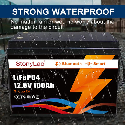 12 V LiFePO4 battery with Bluetooth app monitoring, 100 Ah 200 Ah 300 Ah 400 Ah 460 Ah and 600 Ah capacities for energy storage StonyLab