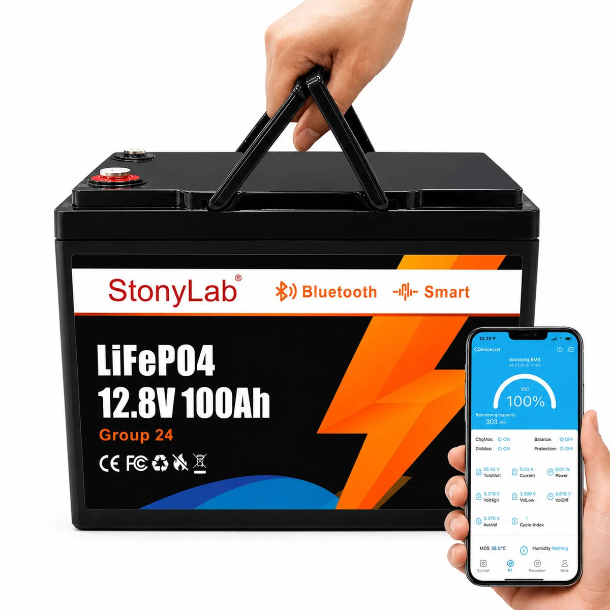 12 V LiFePO4 battery with Bluetooth app monitoring, 100 Ah 200 Ah 300 Ah 400 Ah 460 Ah and 600 Ah capacities for energy storage StonyLab