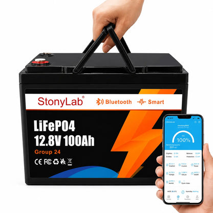 12 V LiFePO4 battery with Bluetooth app monitoring, 100 Ah 200 Ah 300 Ah 400 Ah 460 Ah and 600 Ah capacities for energy storage StonyLab