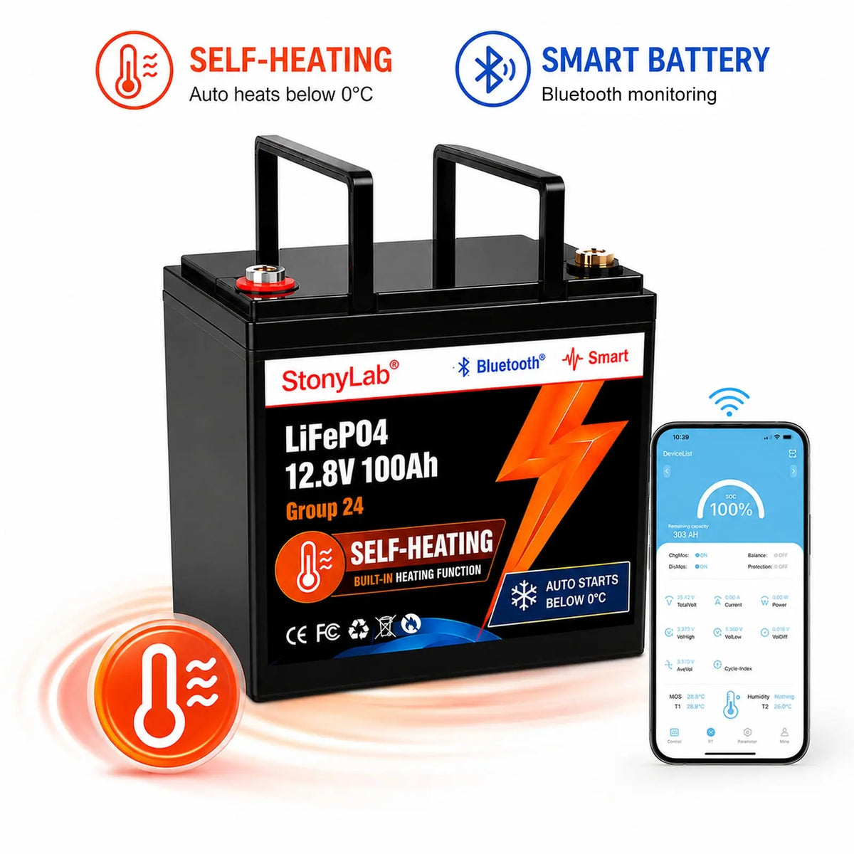 12V self-heating lithium iron phosphate battery with Bluetooth monitoring for RVs, off-grid power systems and everyday energy storage applications StonyLab