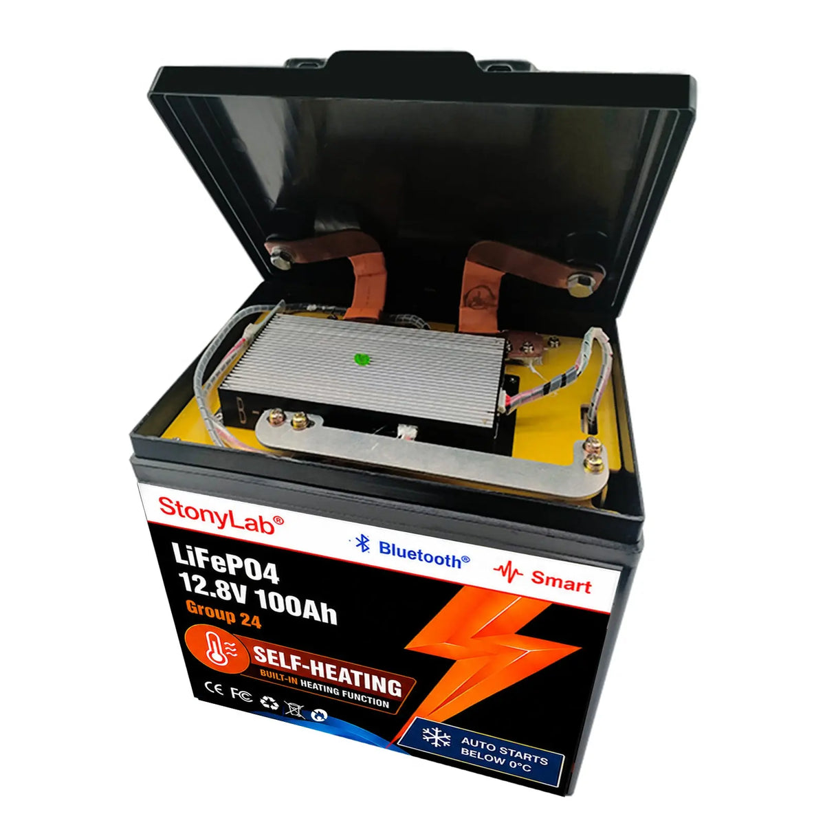 12V self-heating lithium iron phosphate battery with Bluetooth monitoring for RVs, off-grid power systems and everyday energy storage applications StonyLab