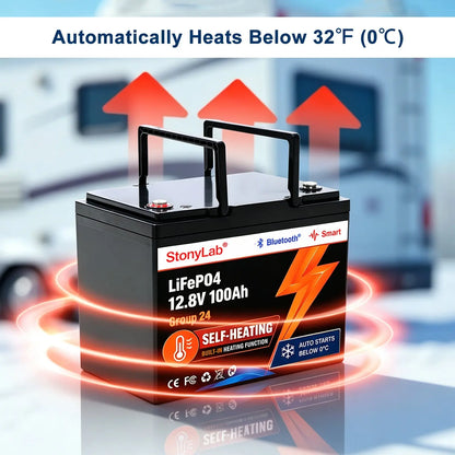 12V self-heating lithium iron phosphate battery with Bluetooth monitoring for RVs, off-grid power systems and everyday energy storage applications StonyLab