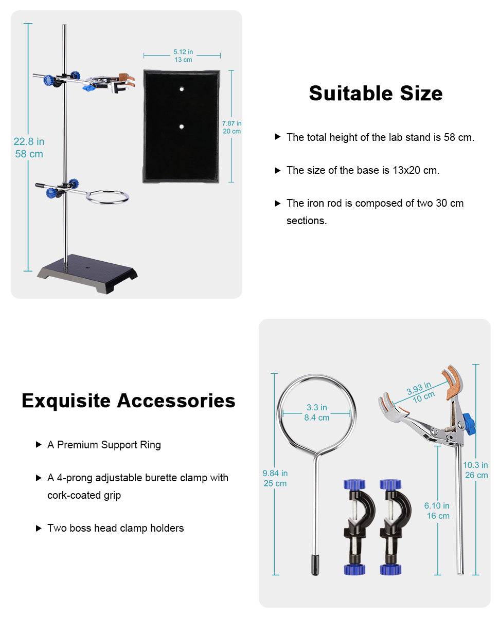 Lab Stand Set, Steel Support Stand with Rod, Burette Clamp - StonyLab