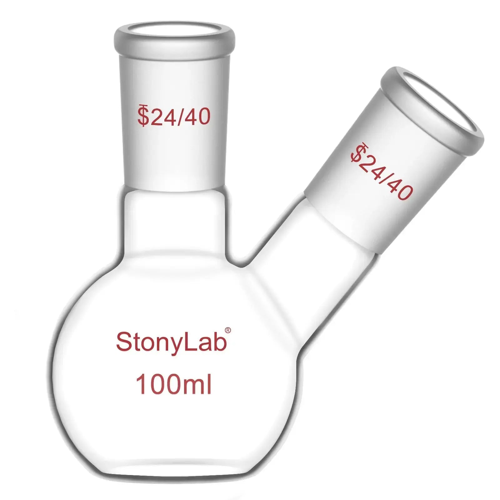 Comprehensive product view and setup components for StonyLab 2-Neck Flat Bottom Flask with 24