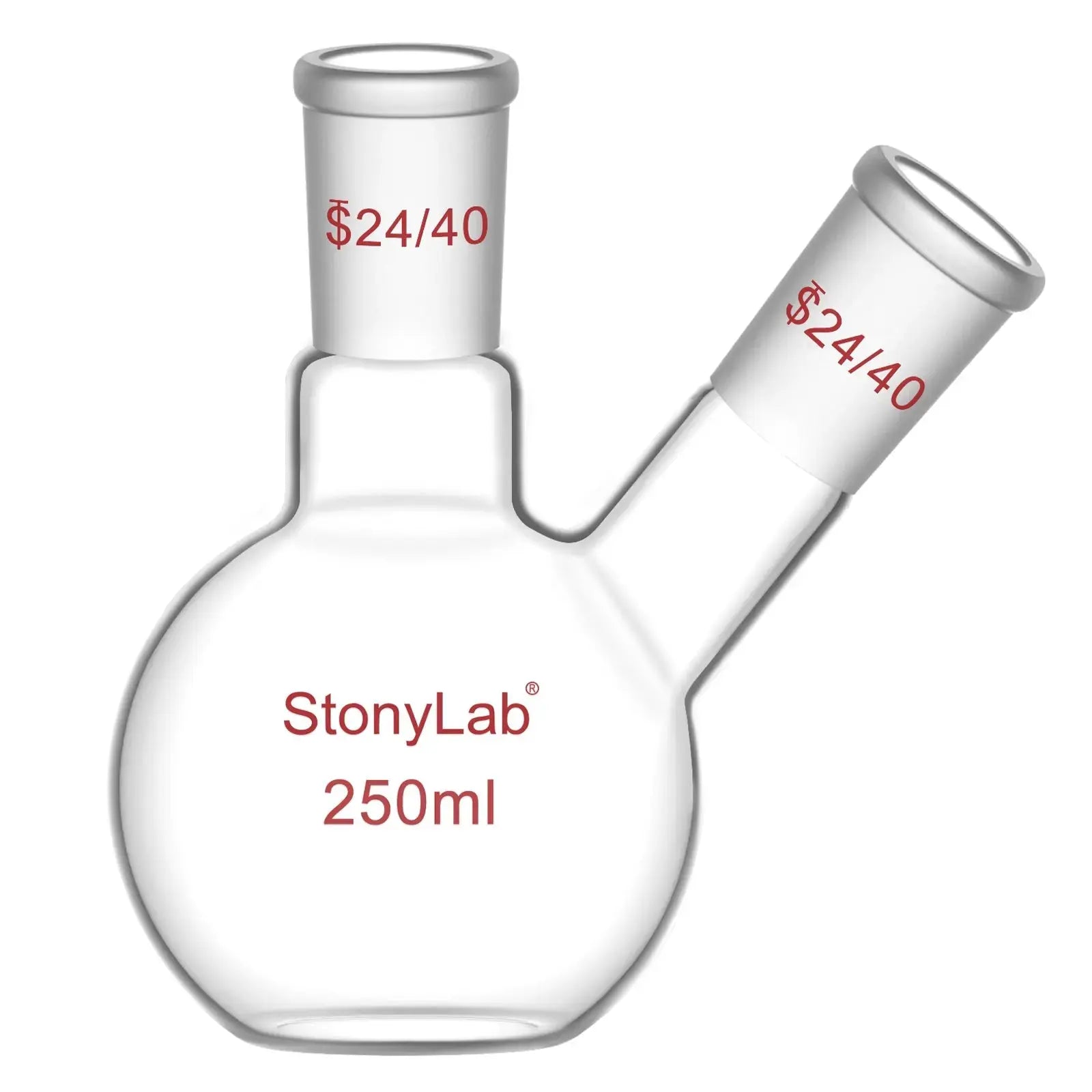 Comprehensive product view and setup components for StonyLab 2-Neck Flat Bottom Flask with 24