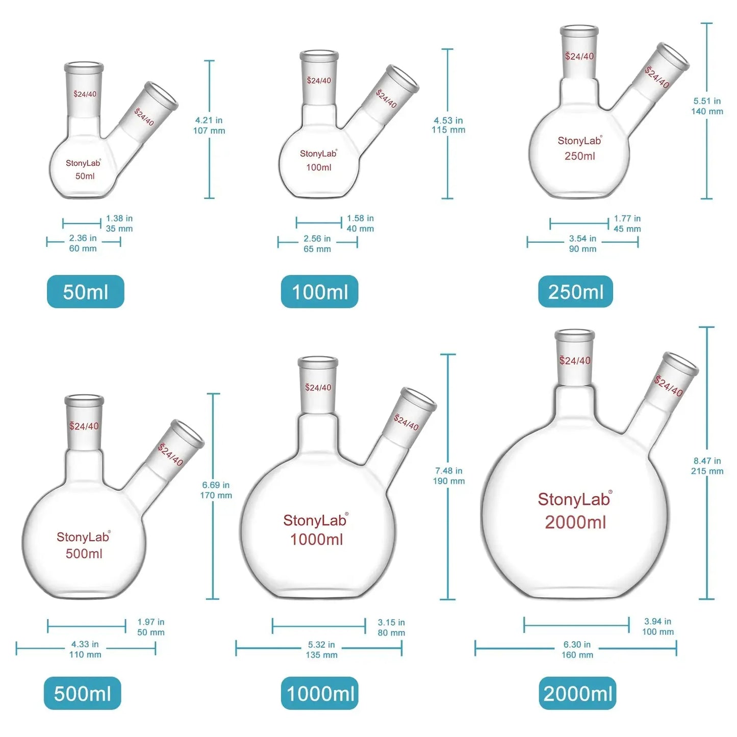 2-Neck Flat Bottom Flask with 24/40 Joint, 50-2000 ml Flasks-Flat Bottom-2 Neck