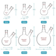 Close-up view showing the precise design and material of StonyLab 2-Neck Flat Bottom Flask with 24