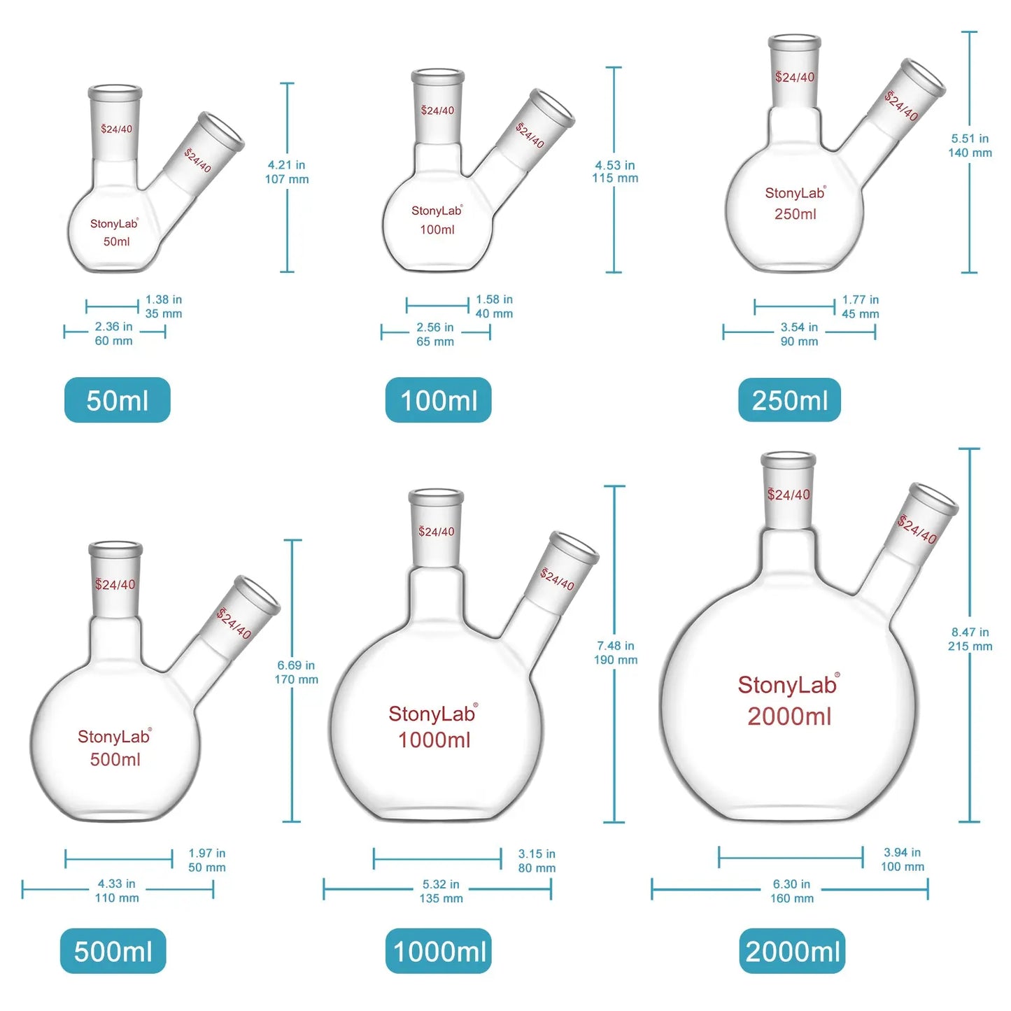 2-Neck Flat Bottom Flask with 24/40 Joint, 50-2000 ml Flasks-Flat Bottom-2 Neck