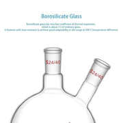 Side view and dimensional layout of the durable StonyLab 2-Neck Flat Bottom Flask with 24