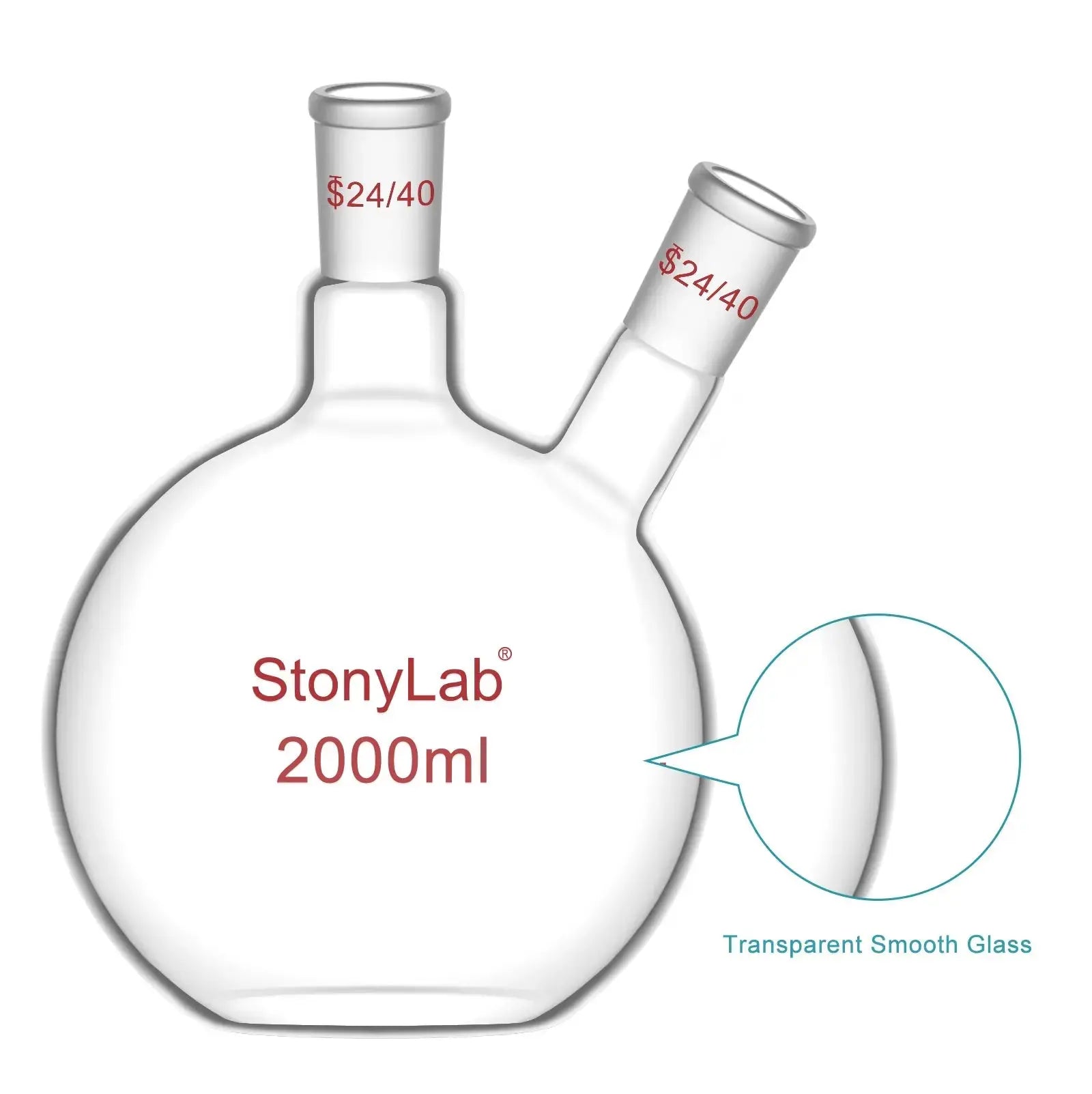 StonyLab 2-Neck Flat Bottom Flask with 24 heavy duty chemical processing configuration