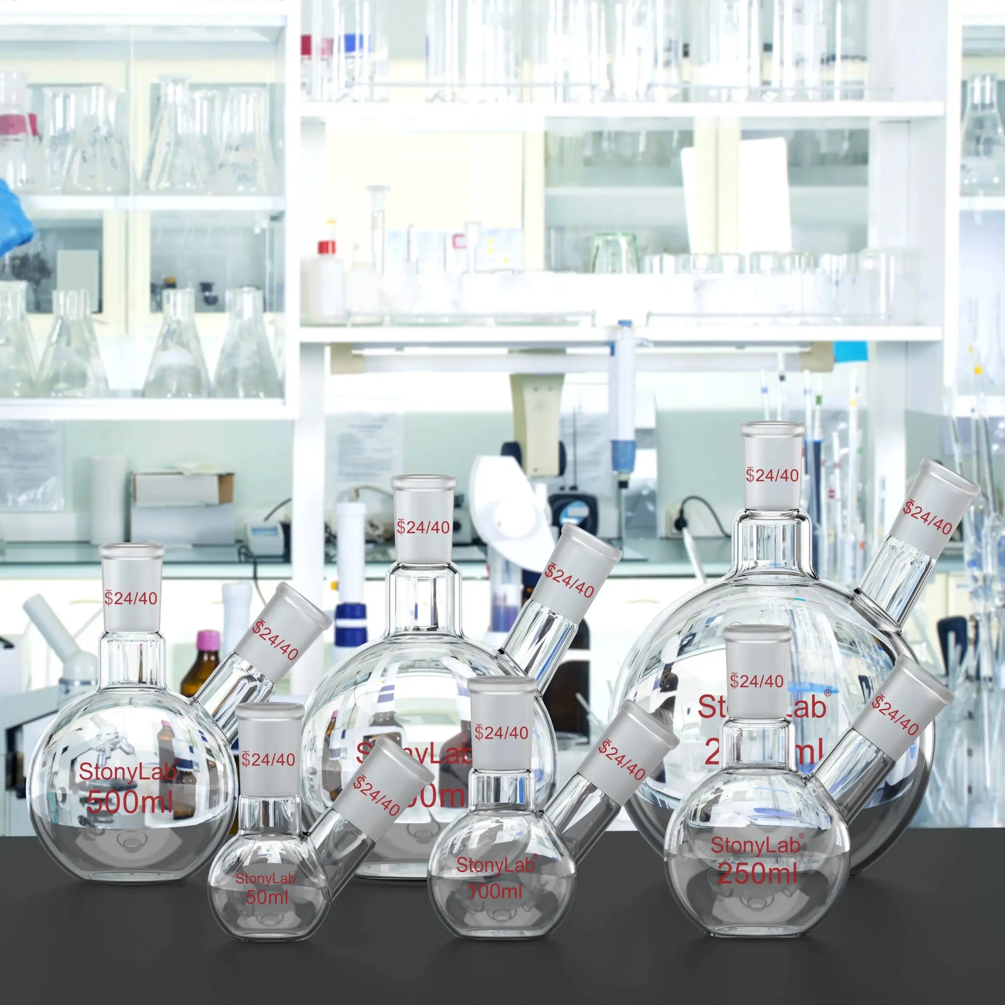 Comprehensive product view and setup components for StonyLab 2-Neck Flat Bottom Flask with 24