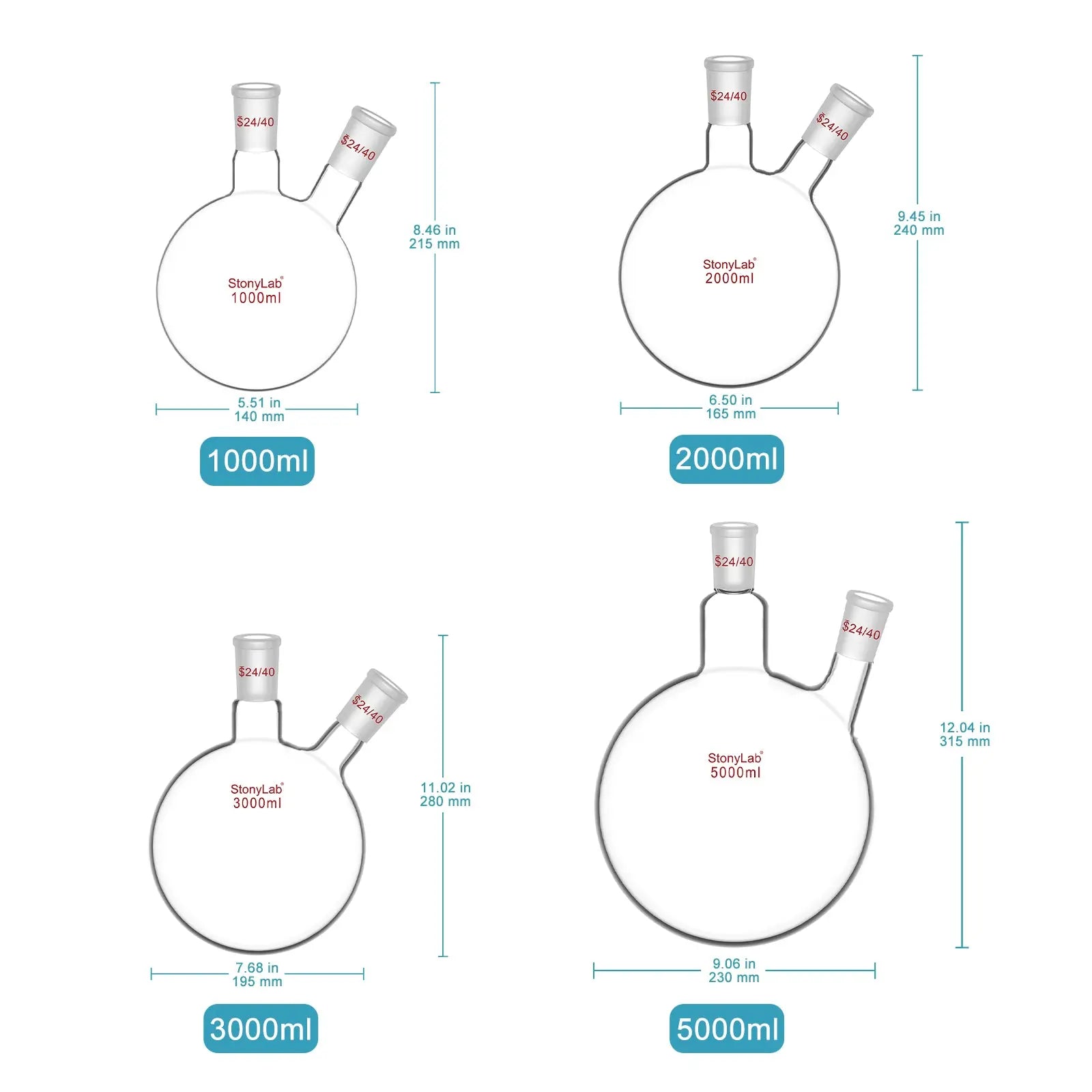 Side view and dimensional layout of the durable StonyLab 2-Neck Round Bottom Flask with 24