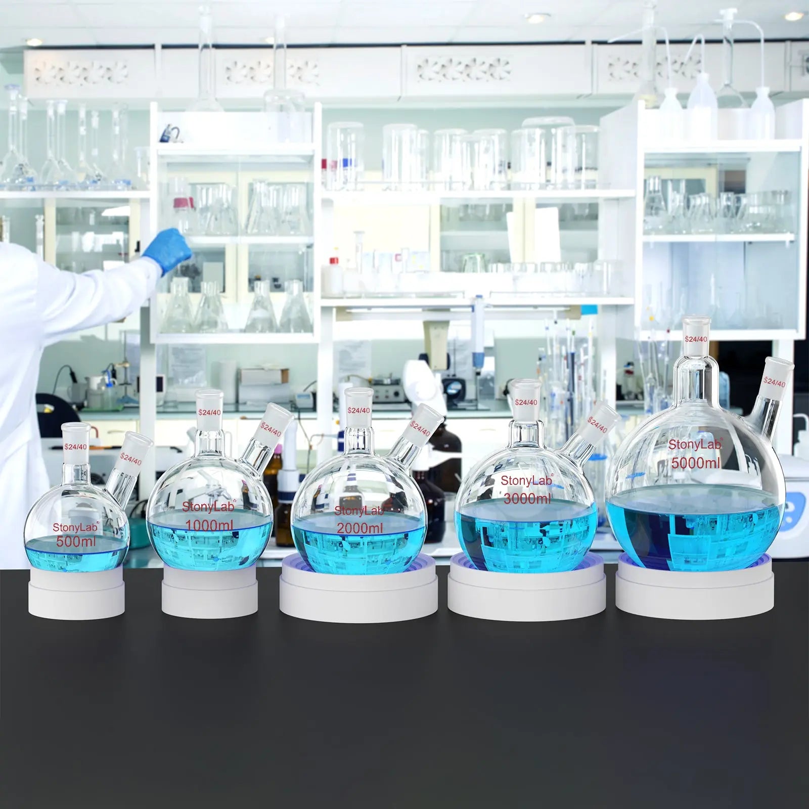 Comprehensive product view and setup components for StonyLab 2-Neck Round Bottom Flask with 24