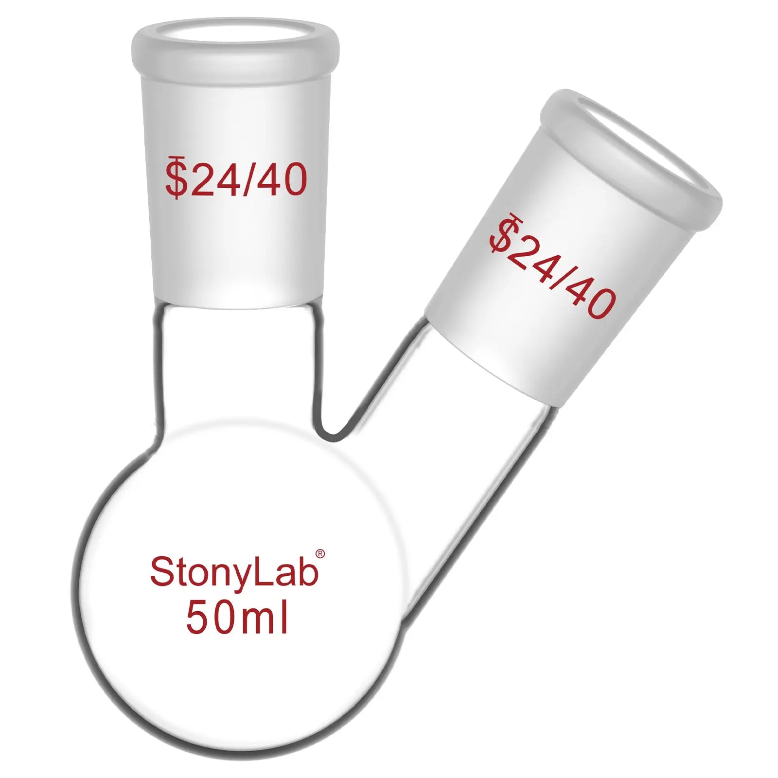 Comprehensive product view and setup components for StonyLab 2-Neck Round Bottom Flask with 24