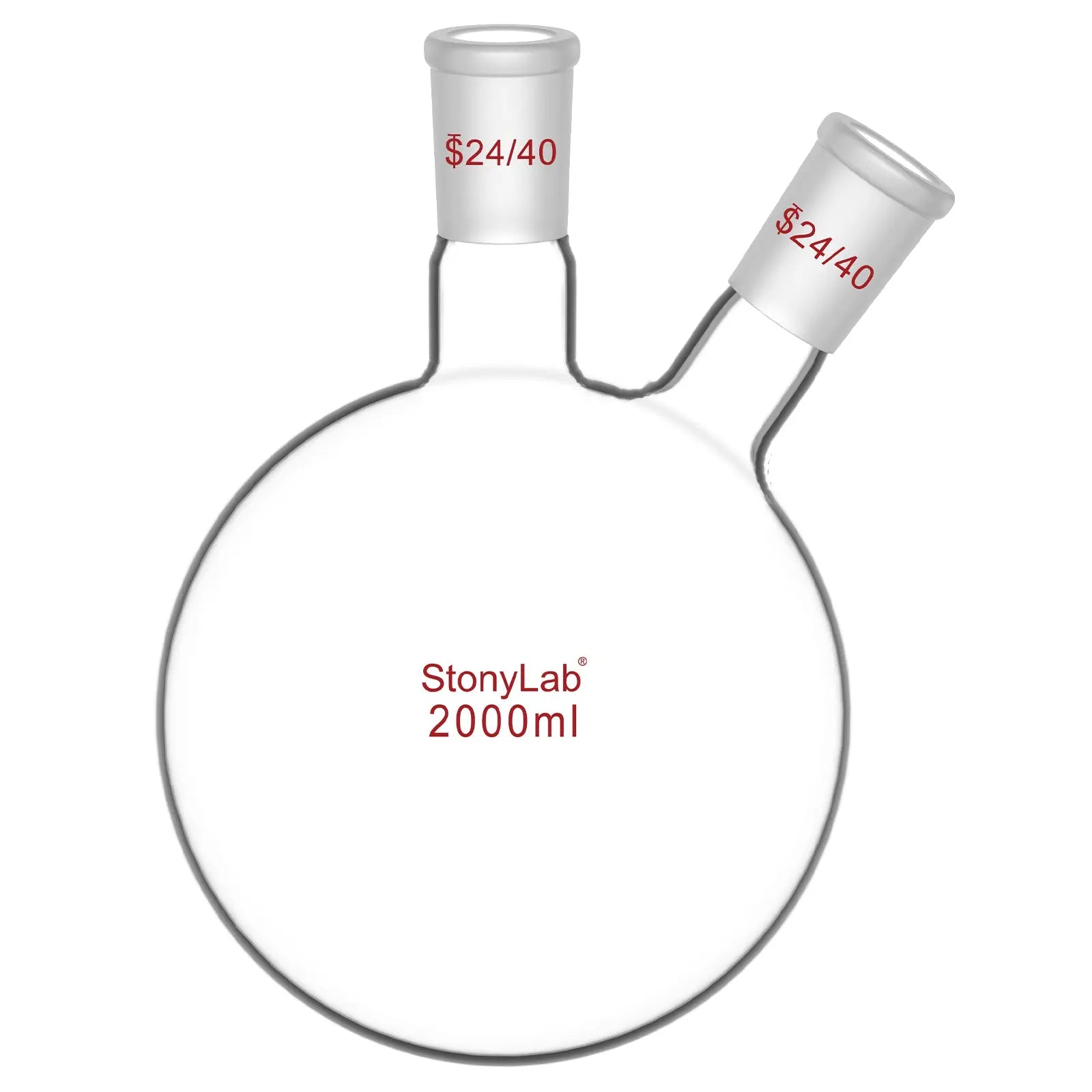 Comprehensive product view and setup components for StonyLab 2-Neck Round Bottom Flask with 24