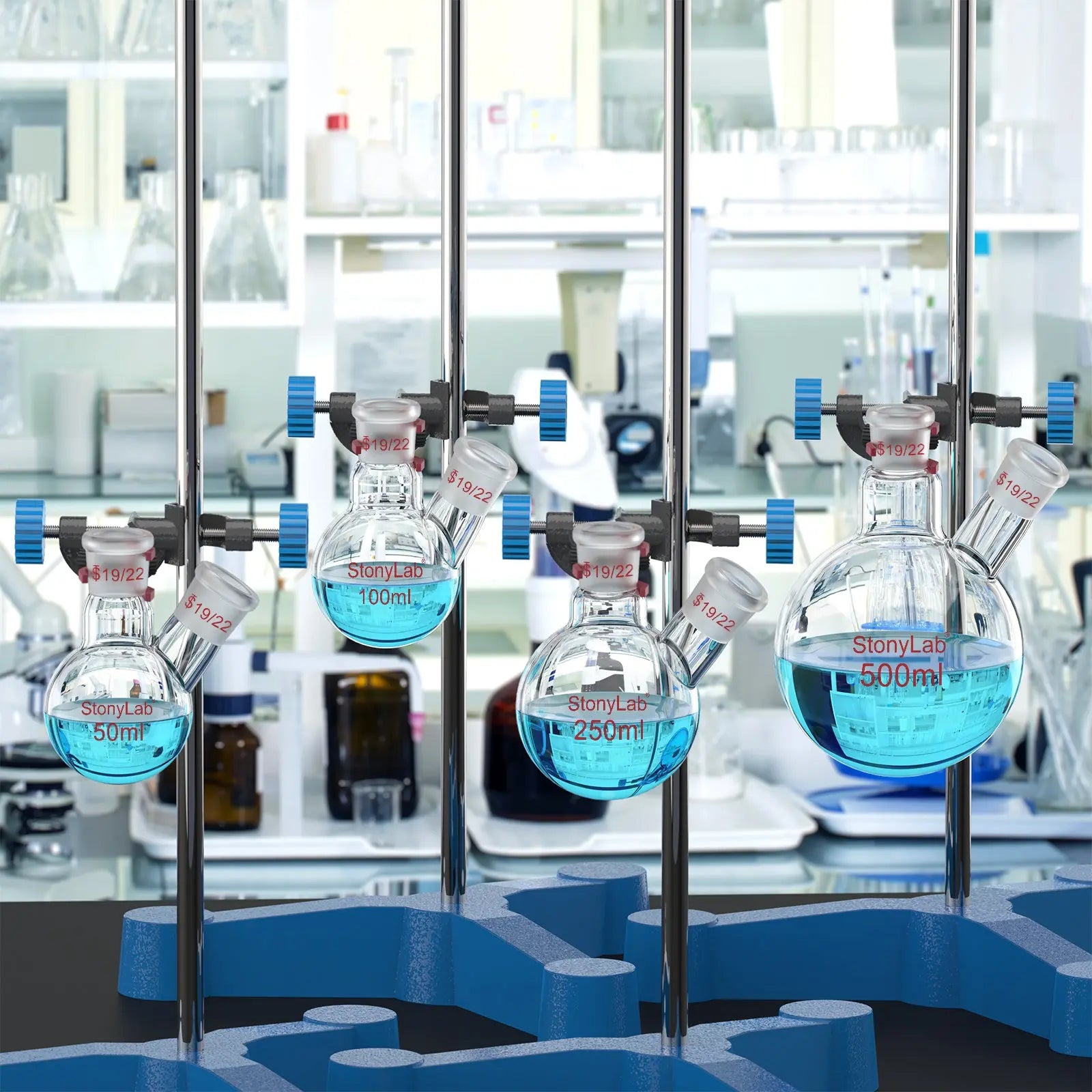 Comprehensive product view and setup components for StonyLab 2-Neck Round Bottom Flask