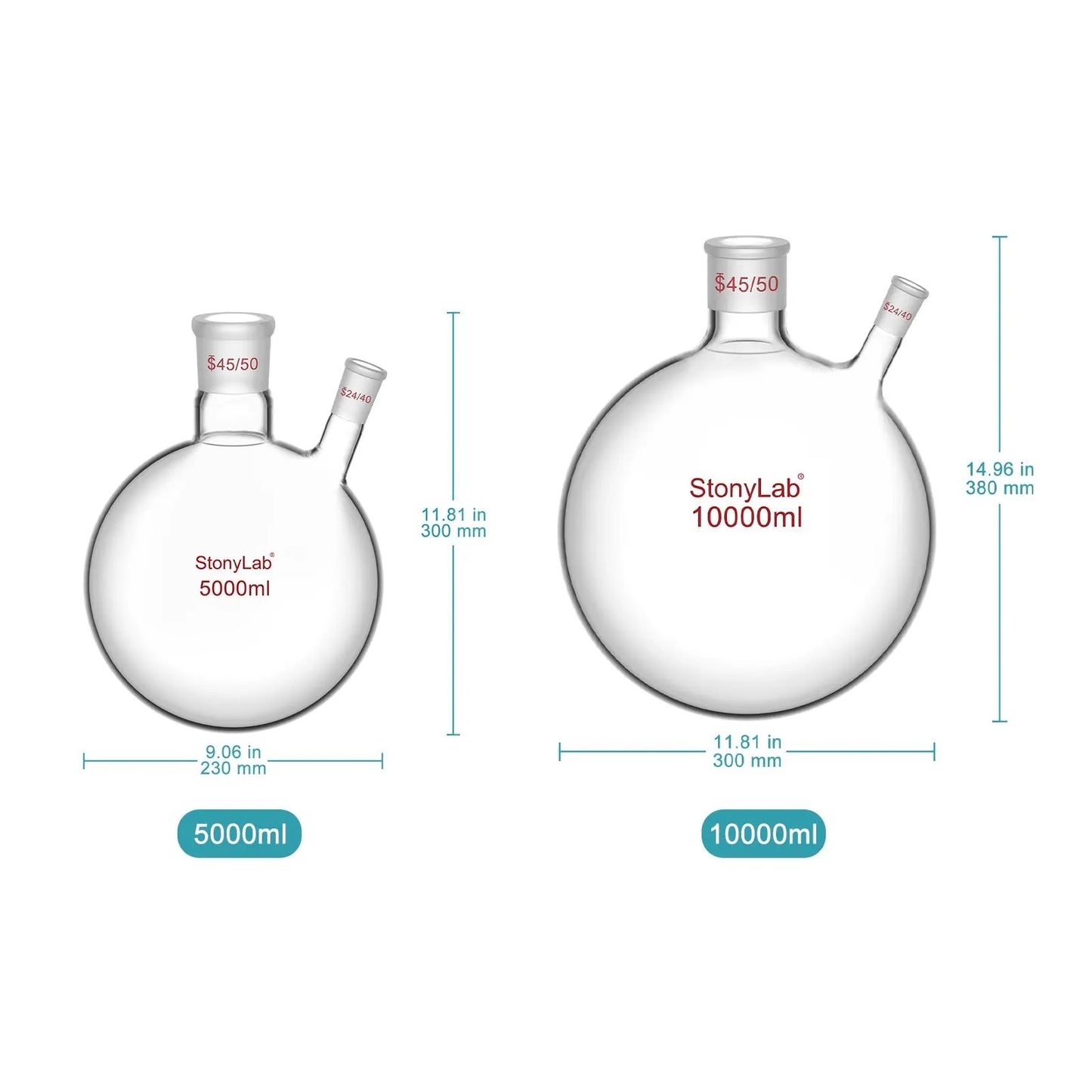2-Neck Round Bottom Flask, 45/50 Center and 24/40 Side Joints, 5-10 L Flasks-Round Bottom-2 Neck