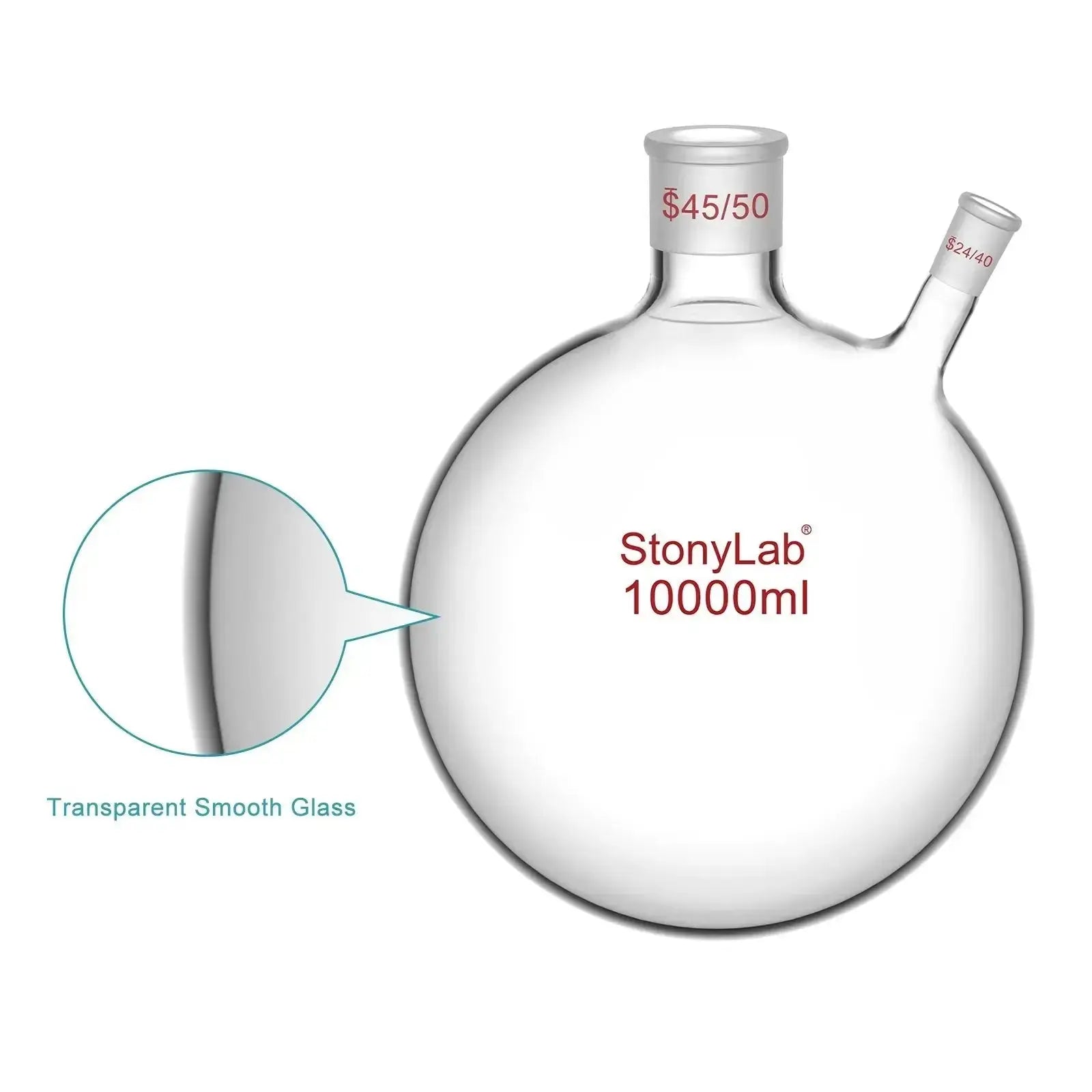 Side view and dimensional layout of the durable StonyLab 2-Neck Round Bottom Flask