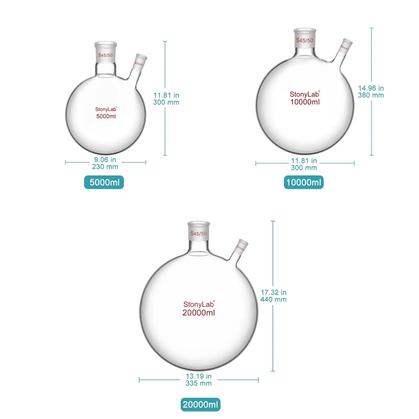 2-Neck Round Bottom Flask, 45/50 Center and 24/40 Side Joints, 5-20 L Flasks-Round Bottom-2 Neck