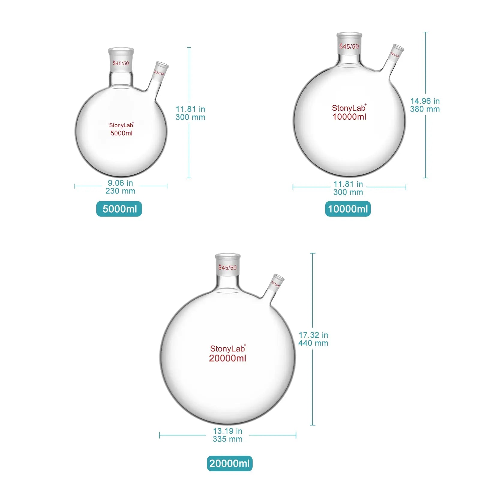 2-Neck Round Bottom Flask, 45/50 Center and 24/40 Side Joints, 5-20 L Flasks-Round Bottom-2 Neck