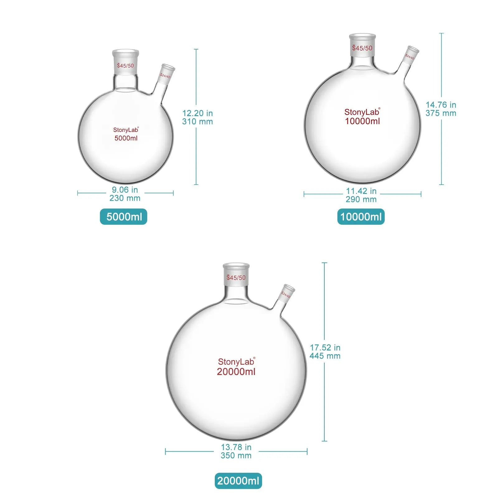 Close-up view showing the precise design and material of StonyLab 2-Neck Round Bottom Flask