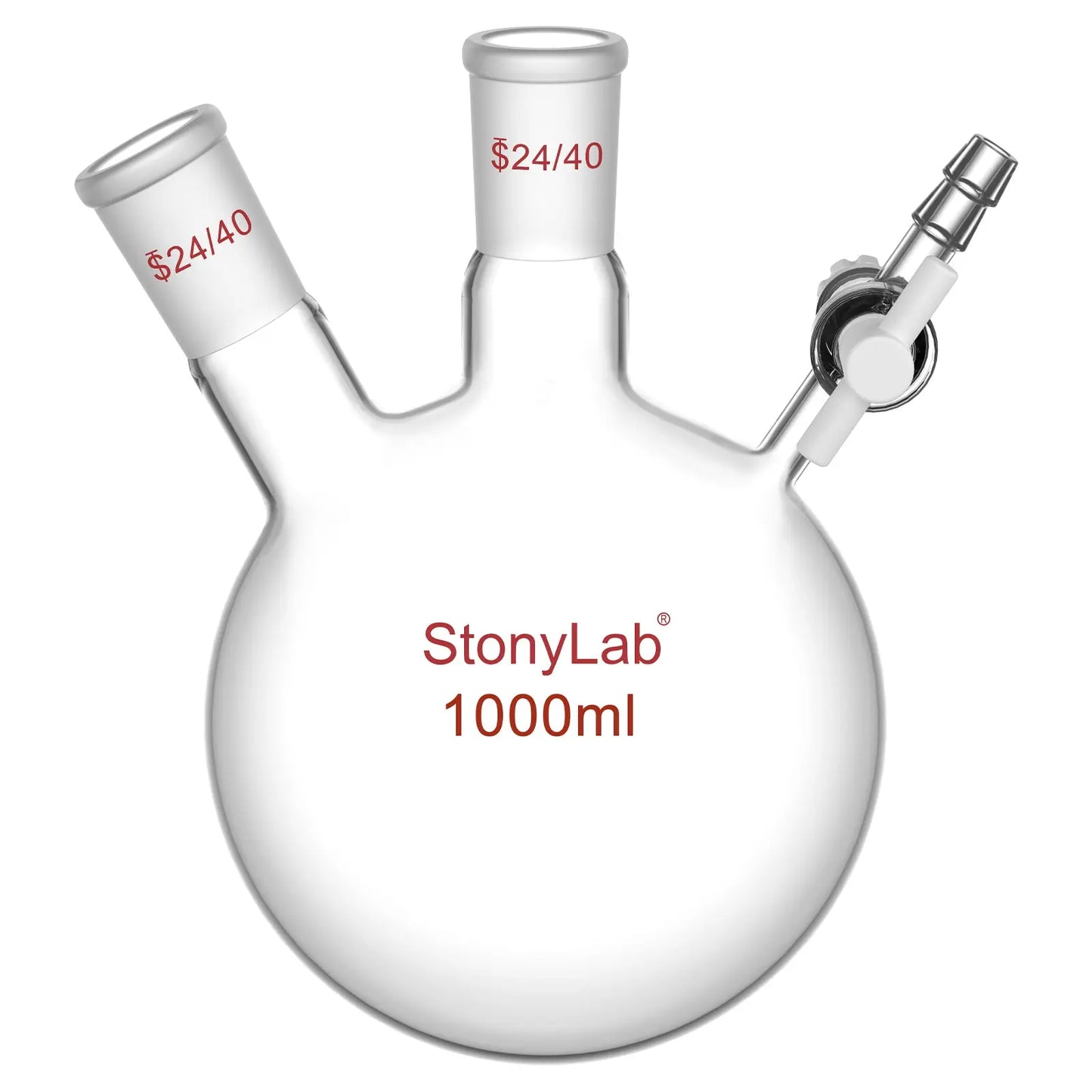 2 Neck Round Bottom Reaction Flask, 24/40 Joint, PTFE Stopcock Valve, 50-1000 ml