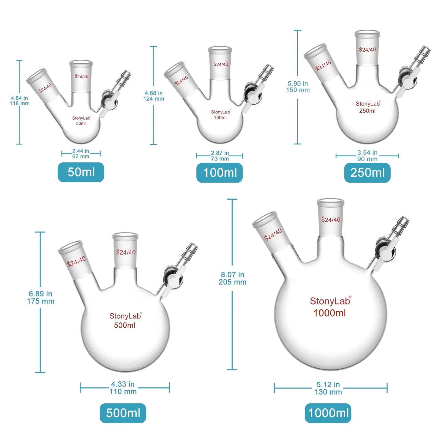 2 Neck Round Bottom Reaction Flask, 24/40 Joint, PTFE Stopcock Valve, 50-1000 ml